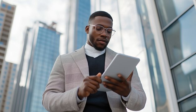 Black Man Using A Tablet Outdoors In The City: Embracing Technology For Remote Work In Vertical Photo. Innovative Work Set-Up.