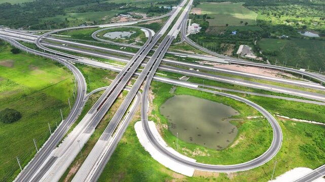 Drone footage aerial view bridge intersection between the highway numbers 290 and 304 Nakhon Ratchasima