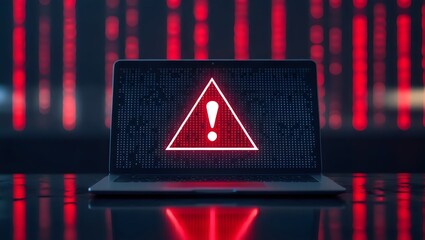 Cybersecurity Warning: Laptop Screen with Danger Exclamation Mark and Red Grid

