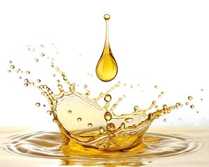 Golden oil drop splashing into liquid creating ripples and bubbles on a white background,png