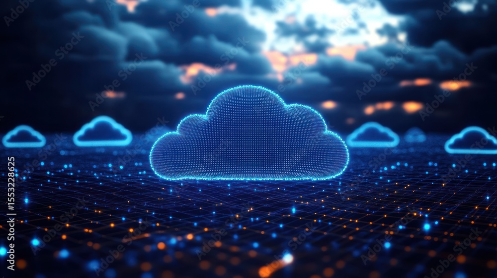 Poster digital glowing blue cloud icons floating above a grid surface with a dramatic cloudy sky background