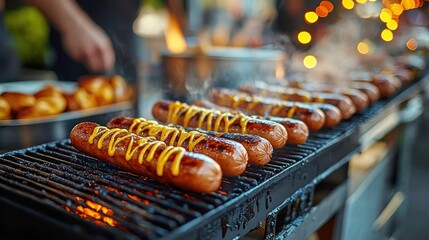 Obraz premium Grilled sausages with mustard on a barbecue grill glowing with fire and bokeh lights in the background, evoking a warm and festive atmosphere