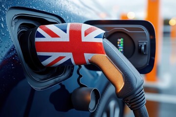 Close-up of an electric vehicle charging plug with United Kingdom flag design connected to a blue car during a rainy day