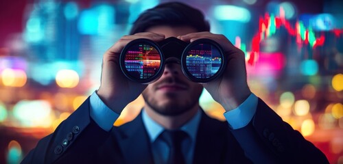 Businessman looking through binoculars at financial data.