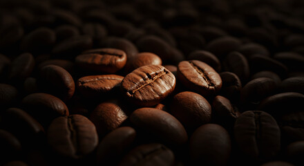 Macro image of roasted coffee beans. Dark, textured surface.

