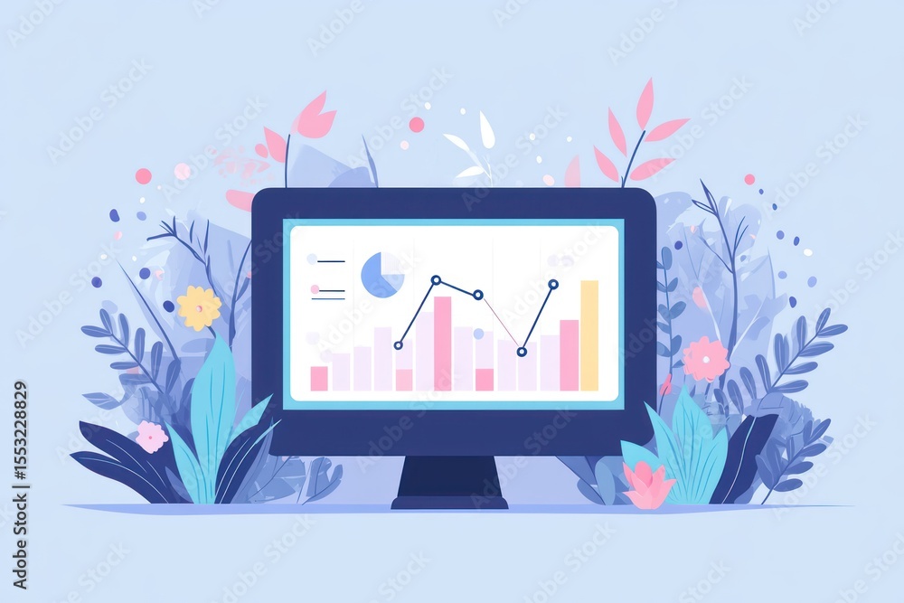Poster computer monitor displaying business graphs surrounded by floral elements.
