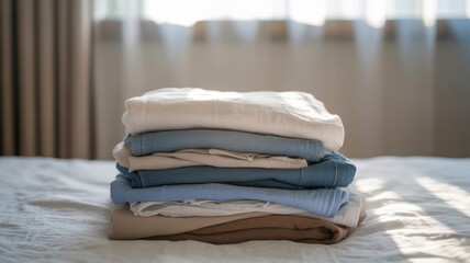 Neatly folded stack of clothes on bed in sunlit room