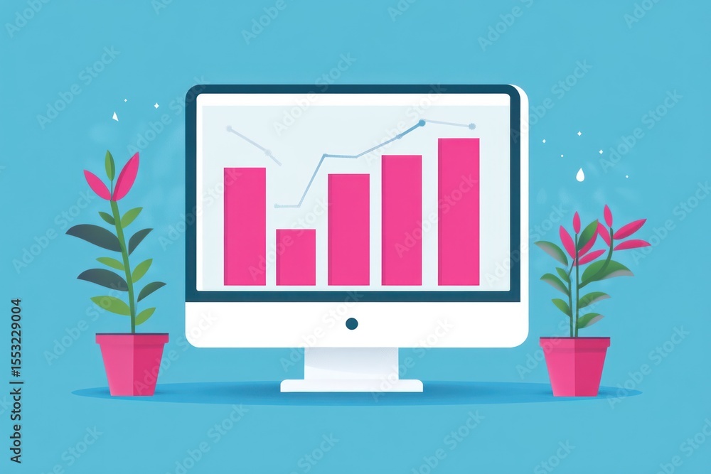 Aufkleber computer monitor displaying a bar graph with potted plant.