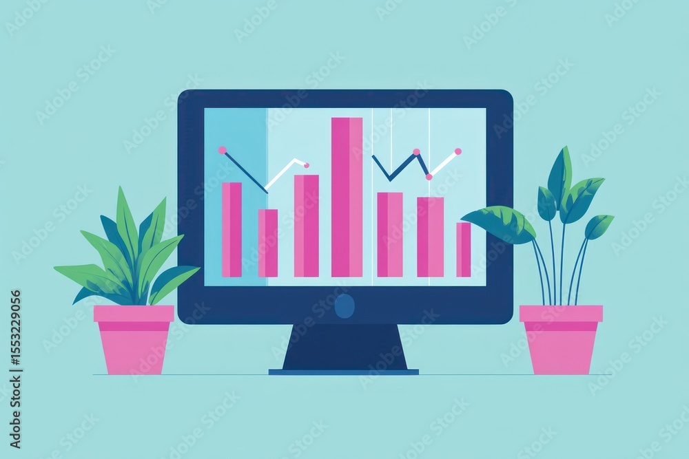 Poster computer monitor displaying a bar graph with plants in the foreground.