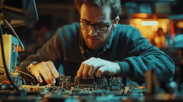Electronics Factory: Caucasian Male Electrical Engineer Designs PCB Prototype, Works on Desktop Computer, uses CAD Software to Develop Microchips and Semiconductors. Modern Manufacturing Facility