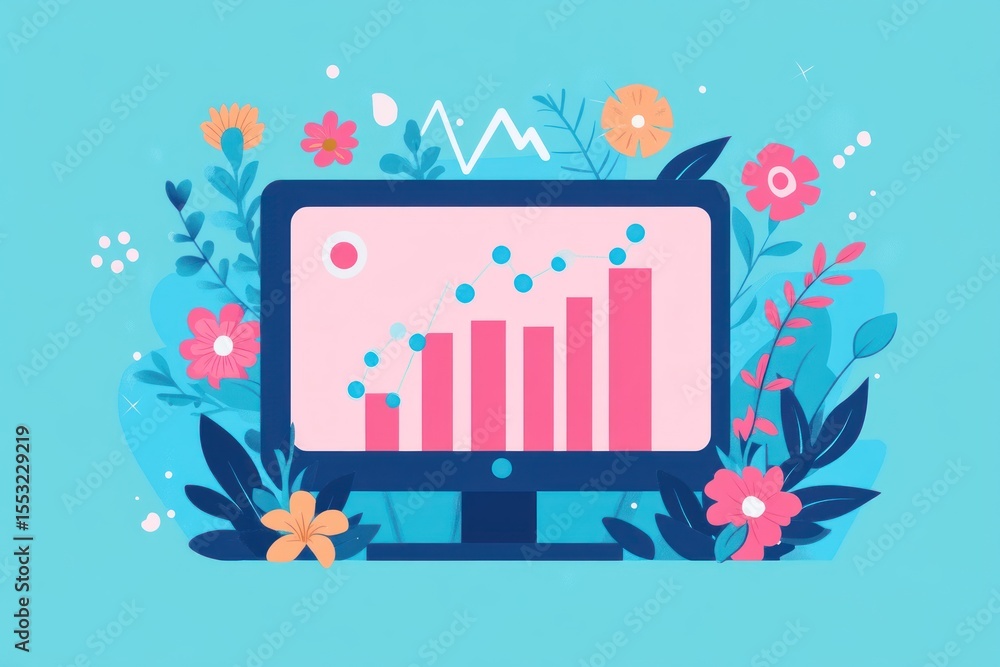 Aufkleber computer screen displaying a bar graph surrounded by flowers and foliage.