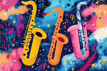 Jazz Saxophone Illustration. Colorful illustration of three saxophones, perfect for Jazz Appreciation Month. Bright and vibrant.