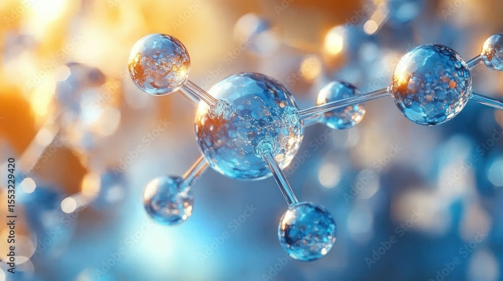 Poster close-up view of a blue and orange molecular structure with interconnected spheres representing atom