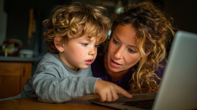 Young child learning online with mom help, pointing at laptop screen.