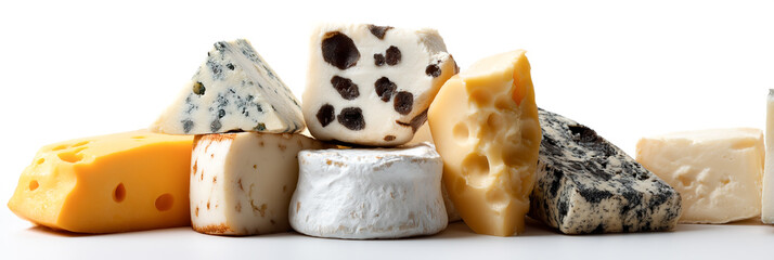 Assorted gourmet cheeses collection on white background