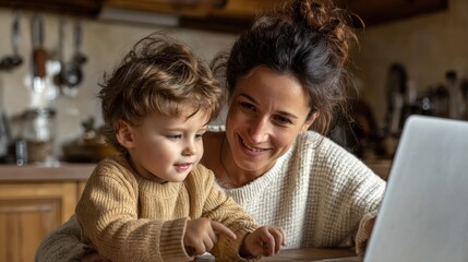 Young child learning online with mom help, pointing at laptop screen.