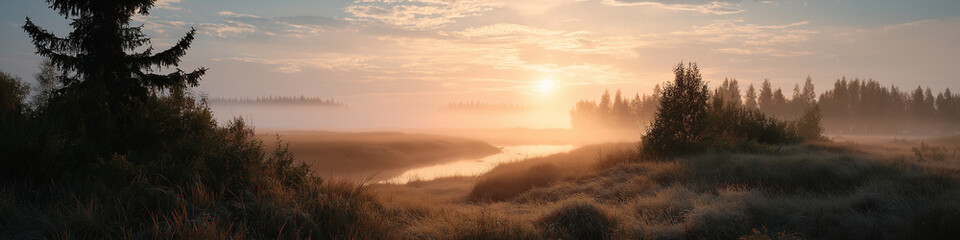 Tranquil sunrise over misty river and dense forest landscape
