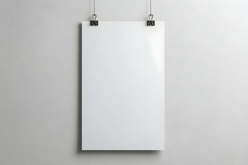 Blank White Poster Mock-Up with Metal Clips on Light Wall for Minimalist Presentation Display