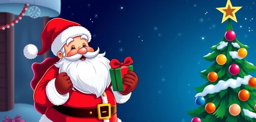 Jolly Santa with gift beside decorated Christmas tree Cartoon vector illustration,  present,  festive
