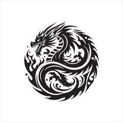 Obraz premium Stylized black dragon encircled by flames, within a circular tribal design.