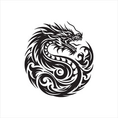 Intricate black and white illustration of a mythical dragon coiled in a circular design.