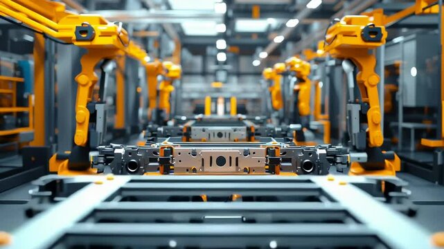 Technician Activates Futuristic Automotive Factory, Warehouse Construction of Robotic Arms and Vehicle Frames. Advanced Manufacturing Visualization Digital Twin Technology and Smart Production System