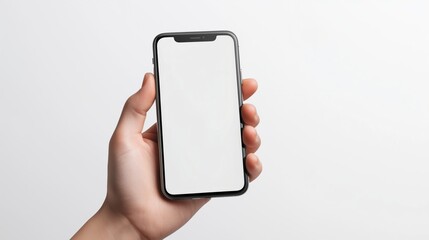 Person holding smartphone with blank screen in hand against white background