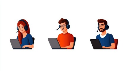 Cartoon Customer Service Team: Diverse Agents with Headsets and Laptops