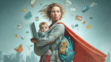 A woman dressed in a superhero cape holds a laptop in one hand, a school backpack in the other, and a baby carrier strapped to her chest. Concept of invisible labor and unrealistic expectations.