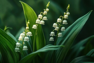 Close-up of delicate white bell-shaped flowers blooming among lush green leaves in soft natural light