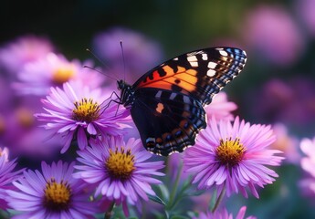 Fototapeta premium Vibrant butterfly with orange and black patterned wings perched on bright purple daisy flowers under soft natural light