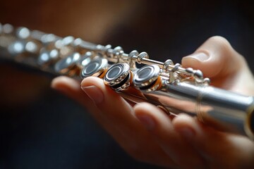 Close-up view of a hand holding and playing a silver flute with focus on the instrument's keys and pads in soft lighting