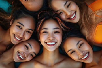 Fototapeta premium Smiling group of five young women lying close together looking up with joyful expressions