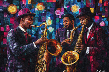 Jazz Musicians Playing. An artistic depiction of three black men in suits playing saxophones, celebrating Jazz Appreciation Month with vibrant colors and a mosaic style.