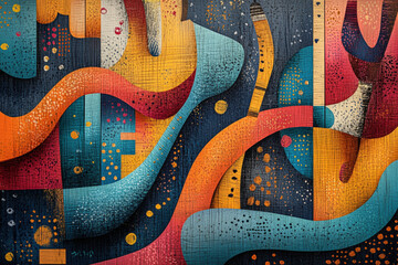 Abstract Jazz Appreciation Postcard Art. An abstract, colorful, textured artwork perfect for a Jazz Appreciation Month postcard. Features flowing lines and vibrant hues.