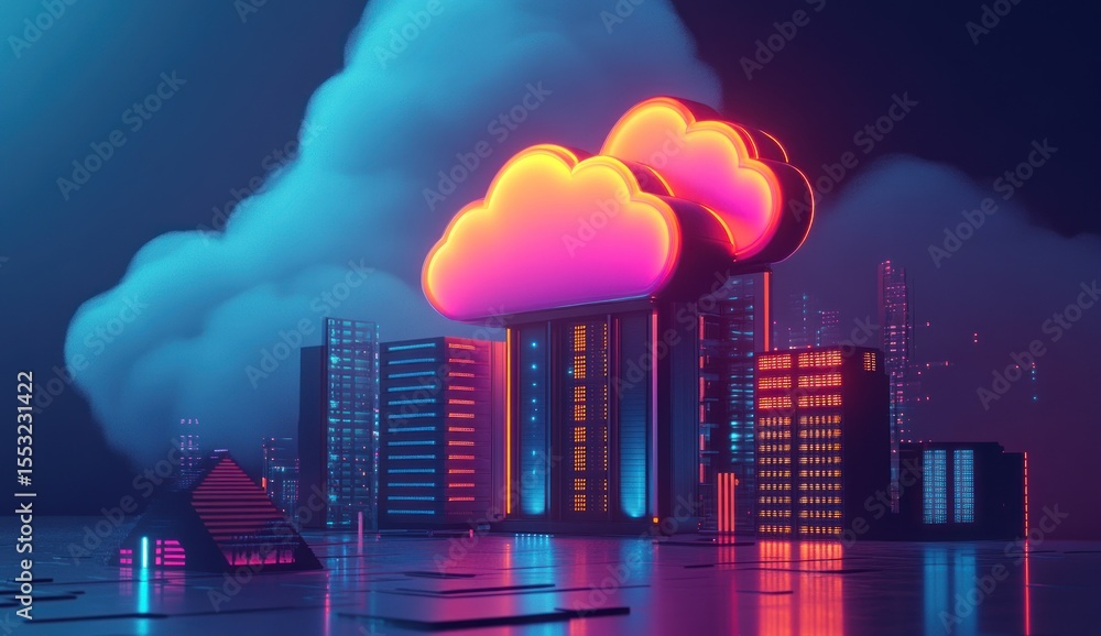 Poster neon cityscape with a cloud computing server complex.