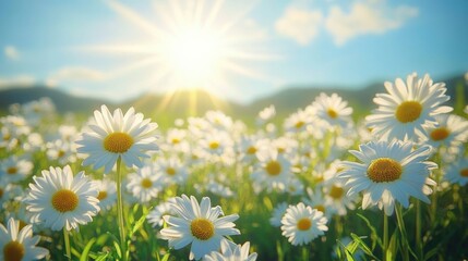 Bright sunlight shining over a field of blooming white daisies with yellow centers under a clear blue sky and distant hills