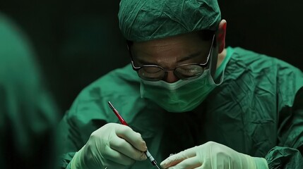 Focused surgeon in green scrubs performing delicate procedure with precision tools.