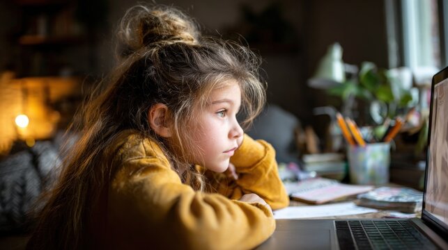 Young student concentrating on math problems during remote lesson on PC.