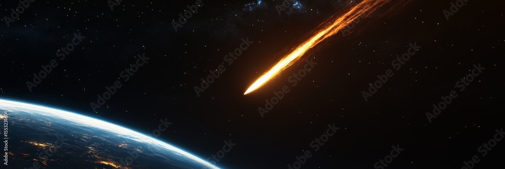 Poster large meteorite streaking through earth's atmosphere, leaving a fiery trail against a backdrop of a 