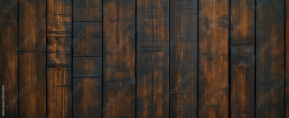Poster close-up of dark brown wooden planks with visible grain patterns and textures creating a rustic weat