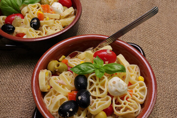 Ciotole di coccio con pasta fredda primavera