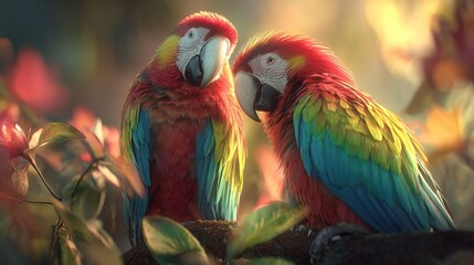Fototapeta premium Two scarlet macaws displaying vibrant colors and close interaction in a tropical setting.