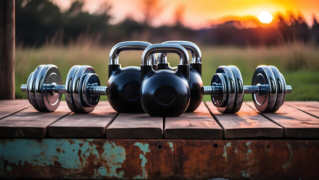 Motivational Workout Scene with Weights on Wooden Platform

