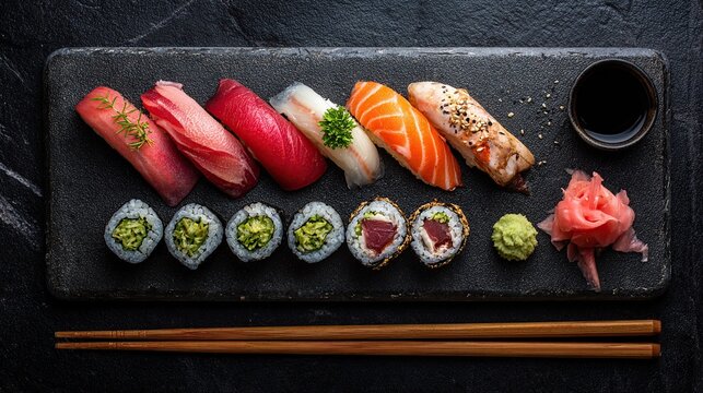A beautifully arranged sushi platter featuring a variety of fresh nigiri and maki rolls.