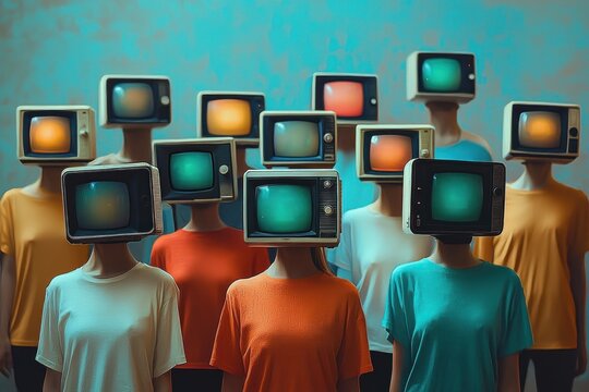 Group of people standing with vintage television sets on their heads displaying various colored screens, wearing colorful plain t-shirts, evoking a surreal and contemplative mood
