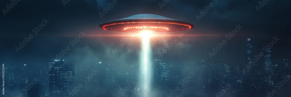 Leinwandbilder gigantic alien spaceship hovering over illuminated metropolis at dusk, emitting powerful beam of lig