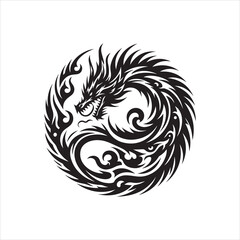 Obraz premium Stylized tribal dragon coiled in a circular design, black ink on white background.