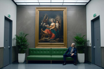 Elderly man sitting on green sofa in hallway of art gallery observing large framed painting on the wall above him