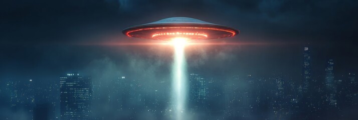 Gigantic alien spaceship hovering over illuminated metropolis at dusk, emitting powerful beam of light, creating a mysterious and futuristic urban scene